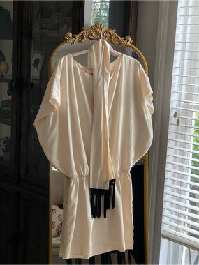 Karen Zambia NWT Dani Cream Mini Draped Dress w/ Black Fringe Detail Scarf